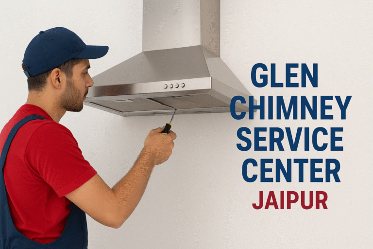 Skilled technician performing Glen chimney repair and cleaning service in Jaipur, adjusting filters and providing professional kitchen chimney maintenance.