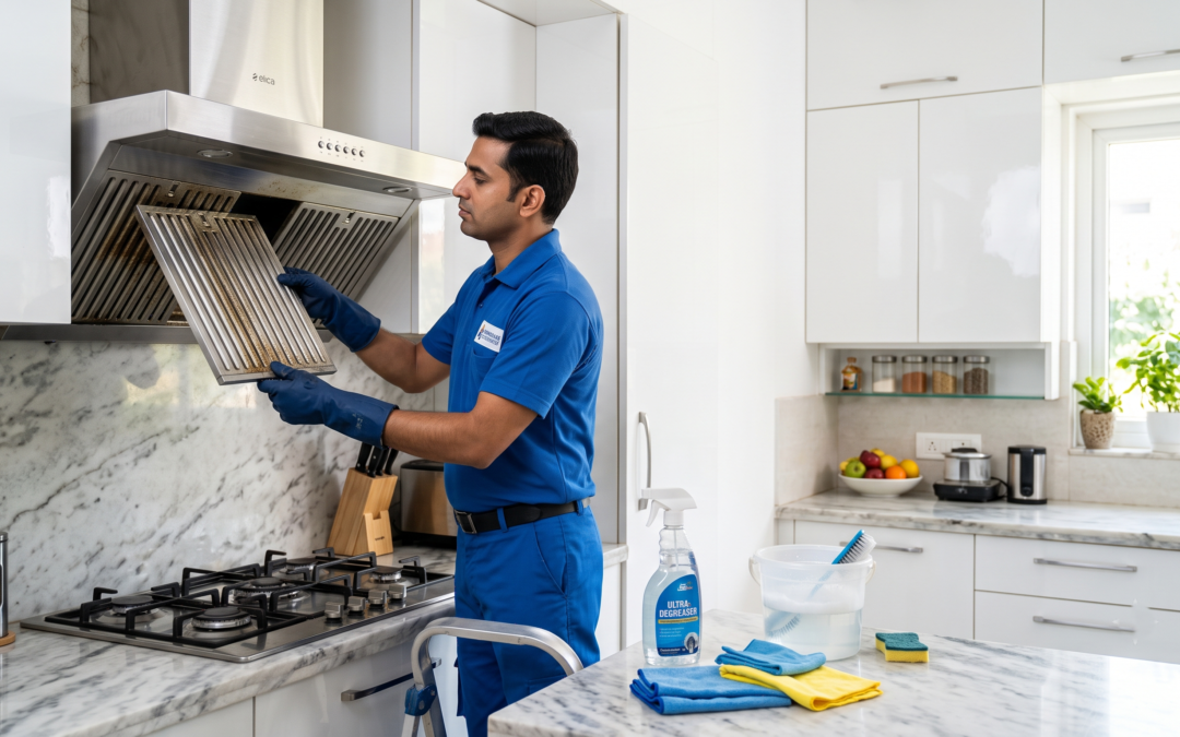 Technician cleaning a modern kitchen chimney filter in a modular kitchen in Jaipur