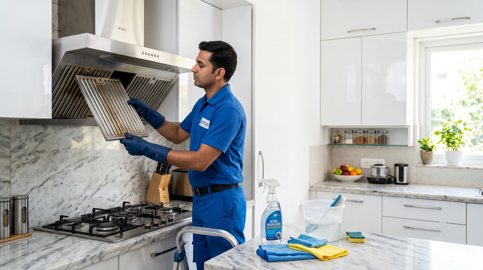 Technician cleaning a modern kitchen chimney filter in a modular kitchen in Jaipur